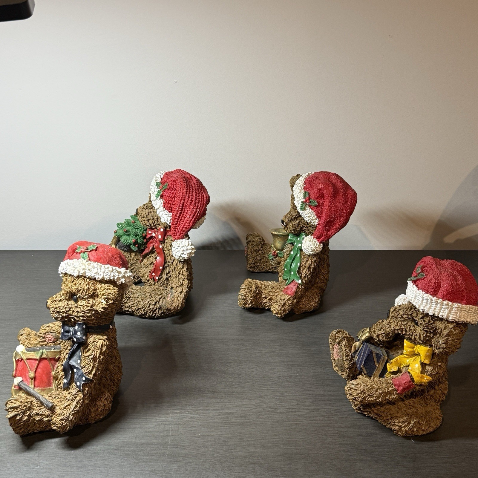 Set of 4 Resin Christmas Teddy Bears Santa Hats Figurine Gift Bell Tree Drum 6”