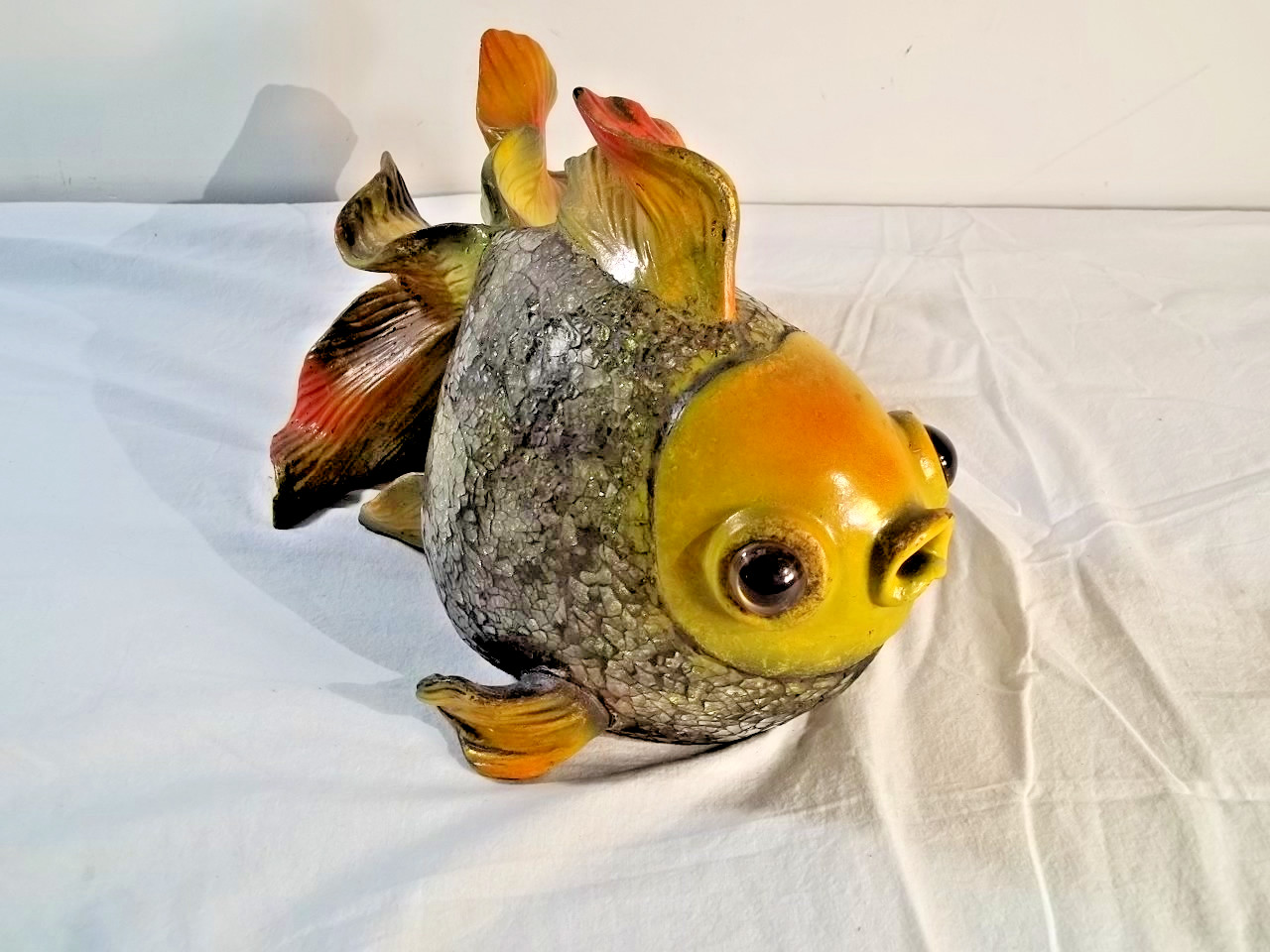 Vintage Composition Koi Fish Statue Decoration Large Size 11” Gold Green Yellow