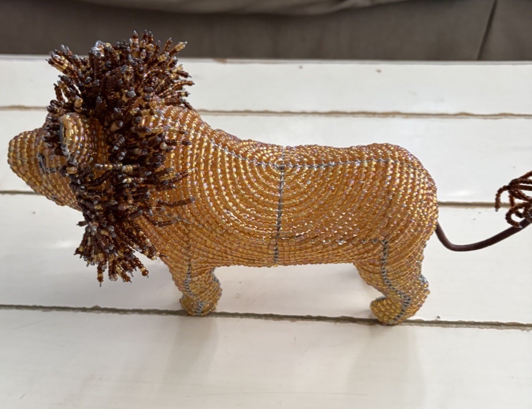 Handcrafted Beaded Lion Figurine Sculpture Brown Gold Wild Animal Carvings