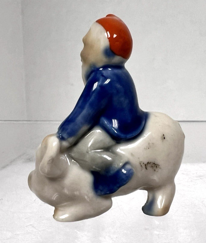 Vintage Miniature Wade Gnome Pixie Elf Red Hat Riding Pig Porcelain Figurine