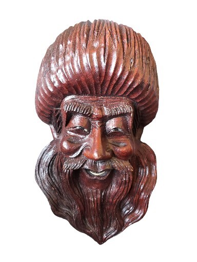 Vintage, Mahogany Carved Wood laughing man Great Detail with Eyes & Teeth