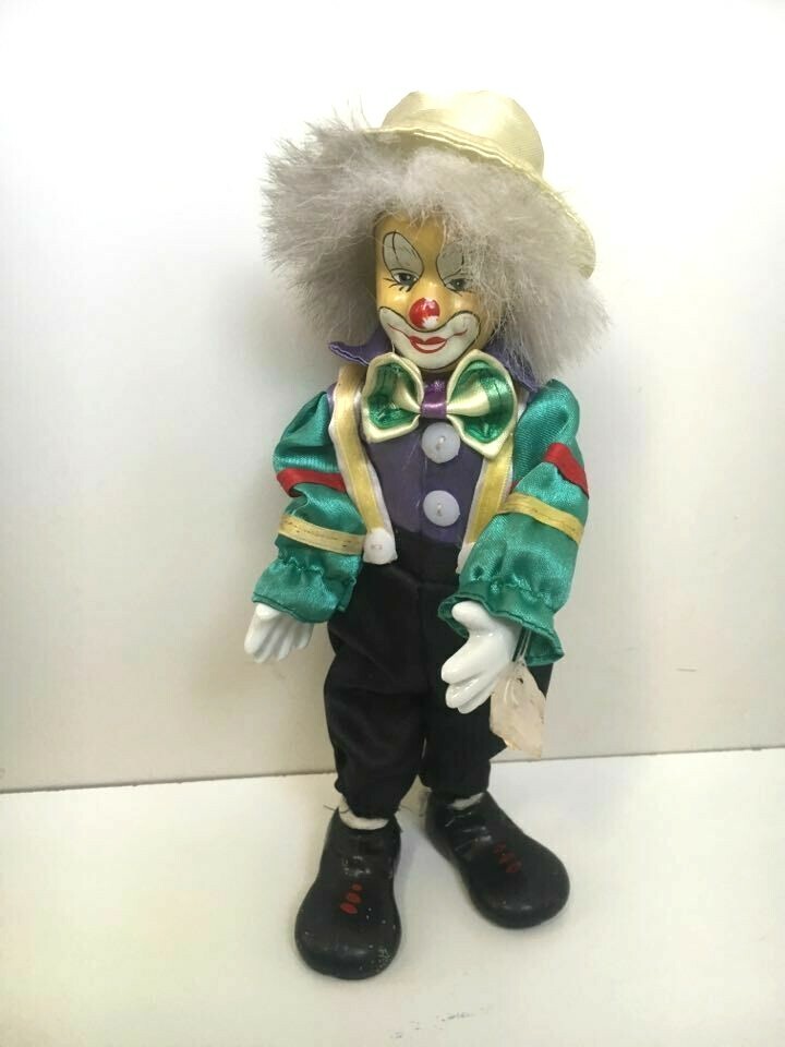 Vintage Clown Doll Figurine Hand Made 10″ Porcelain Face Hand Feet multi-colors