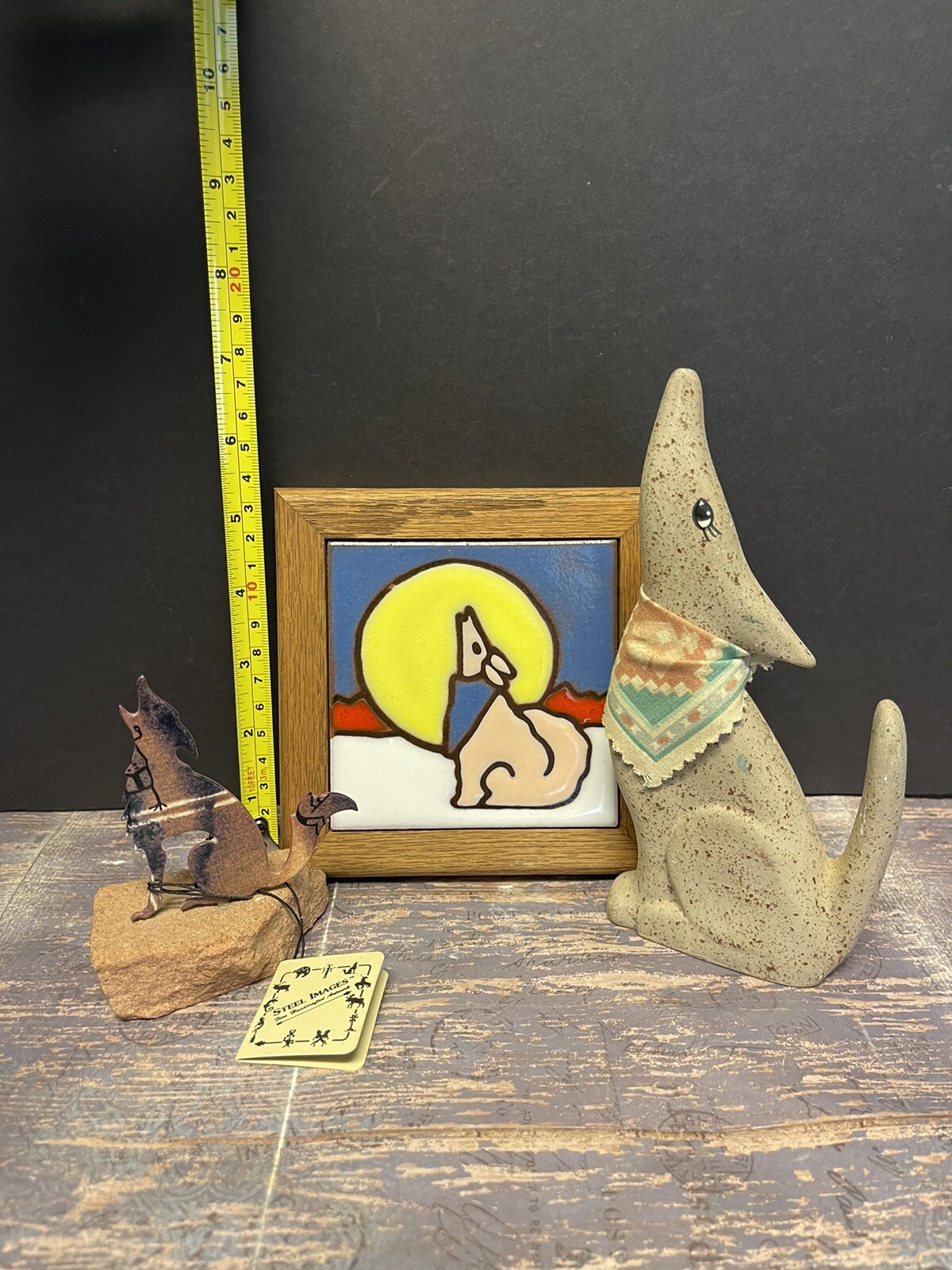Miniature Howling Steel Coyote, Southwest Tile, Vintage Ceramic Pottery Coyote