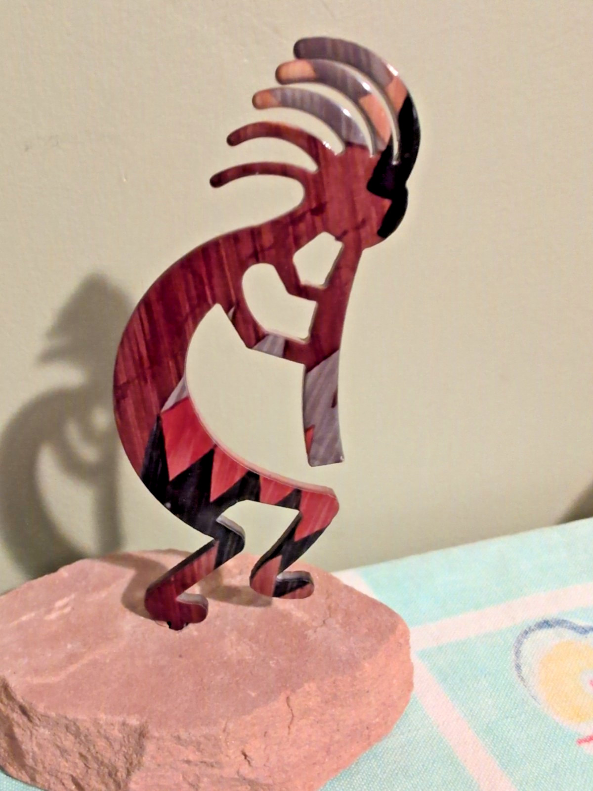 Lazart Kokopelli Flute Dancer Enameled Metal Sculpture Sandstone Base Garden