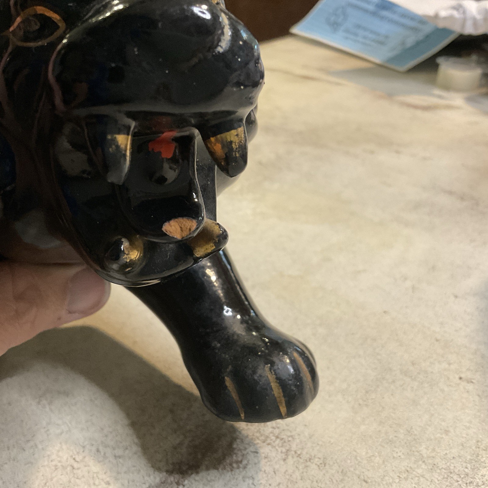 VINTAGE MID-CENTURY MODERN (MCM) BLACK & GOLD 12″ LION-JAPAN REDWARE CERAMIC
