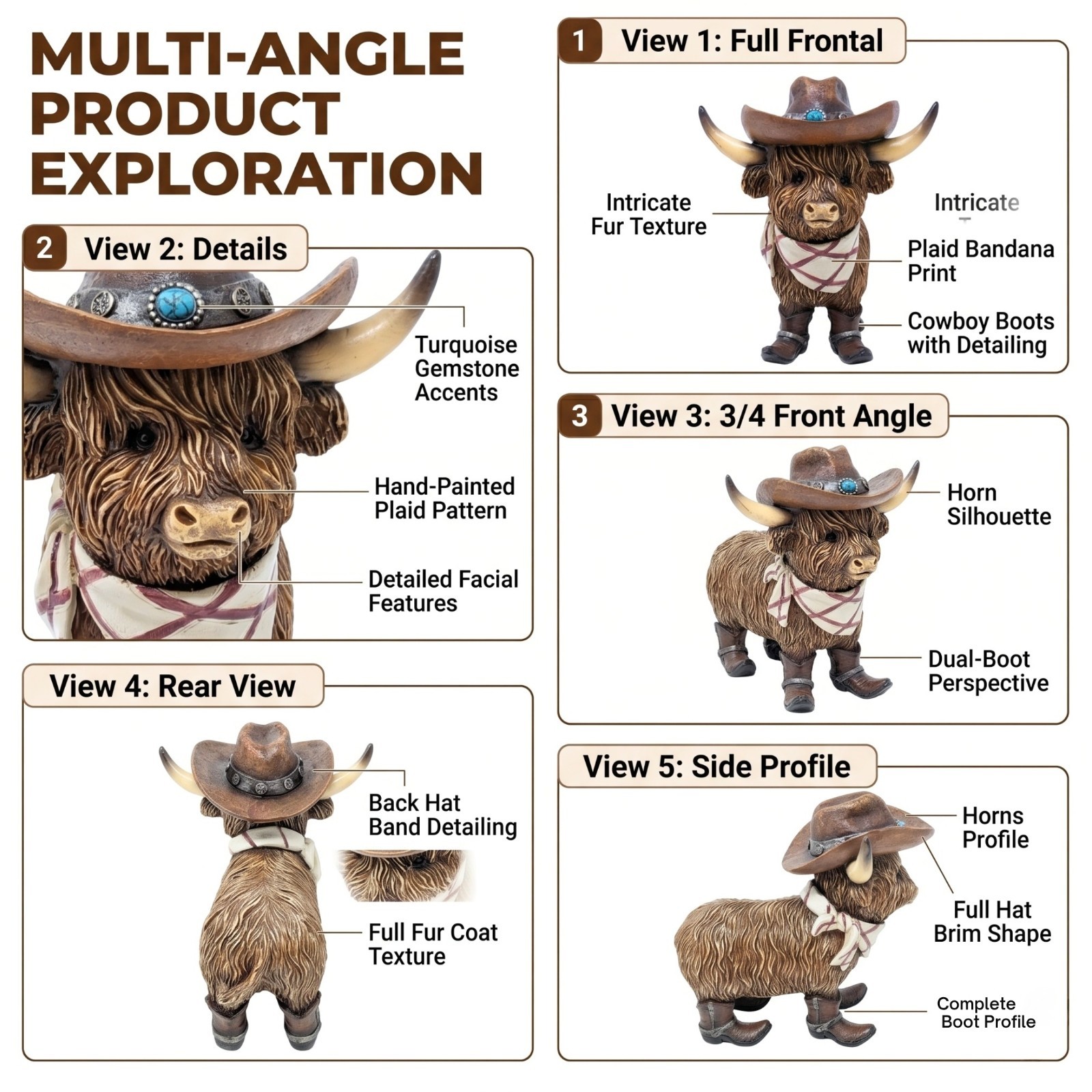Western Cowboy Highland Cow Figurine – Rustic Resin Cow Statue with Hat & Boots