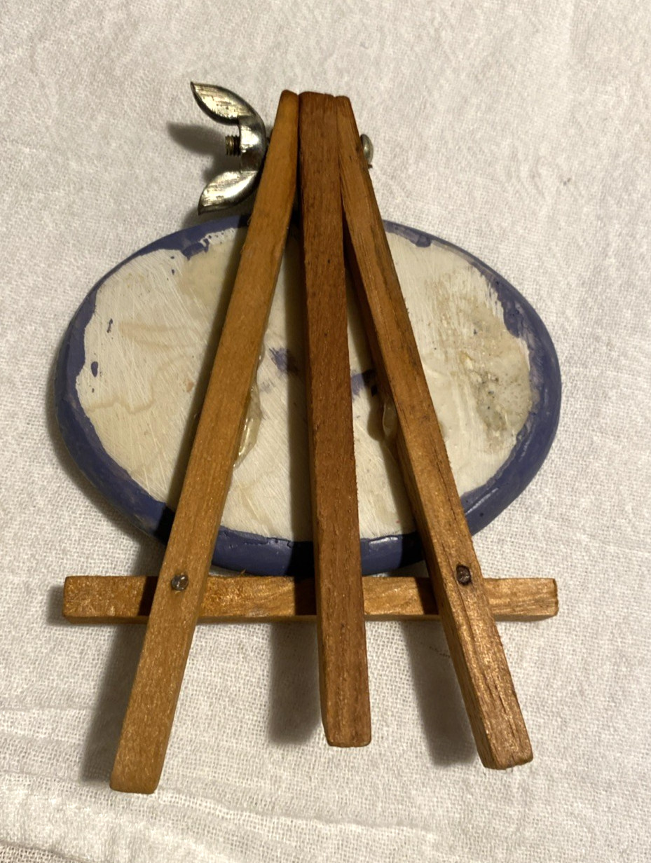 Mini VNG Oval Framed Boy with Bird 3D Relief Plaque Hand Painted on Easel Spring