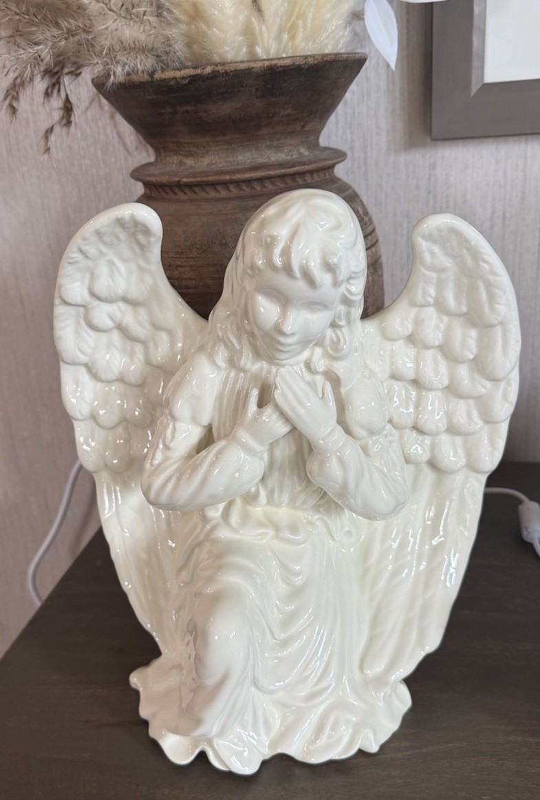 Vintage White Ceramic Praying Angel Figurine Glossy Glaze Large 10.5” Religious