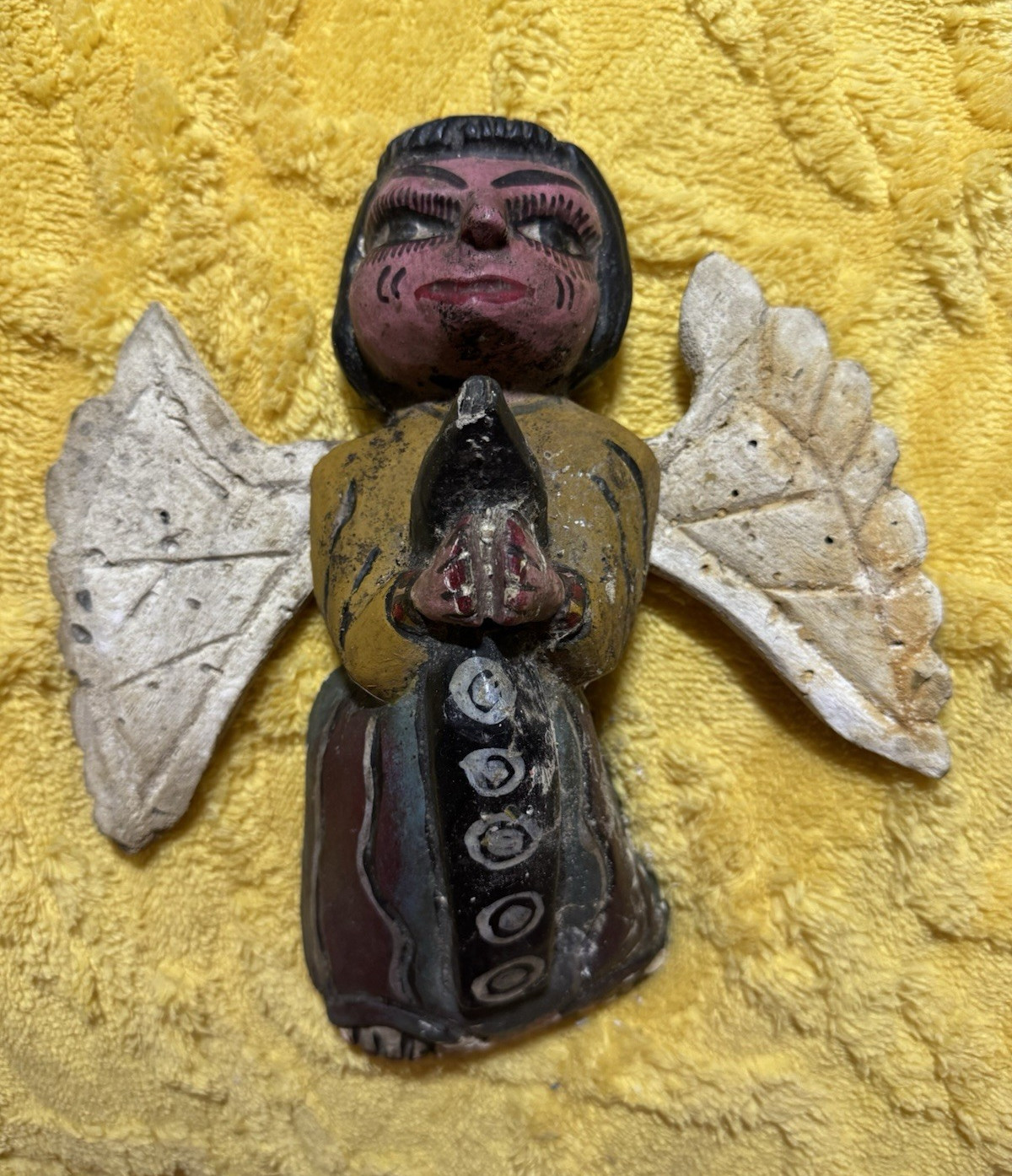 Hand Painted Wooden Angel Figurine with Wings, Multicolor Religious Decor