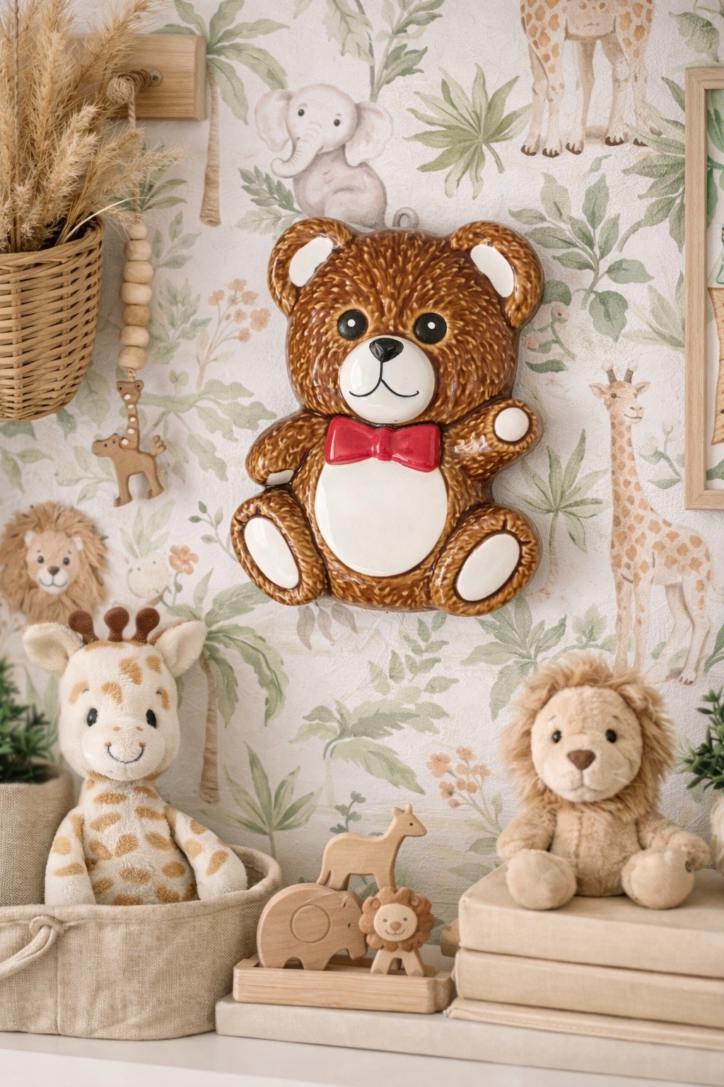 Teddy Bear Wall Hanging Japan Figural Brown Red Bow MCM Kitsch Anthropomorphic