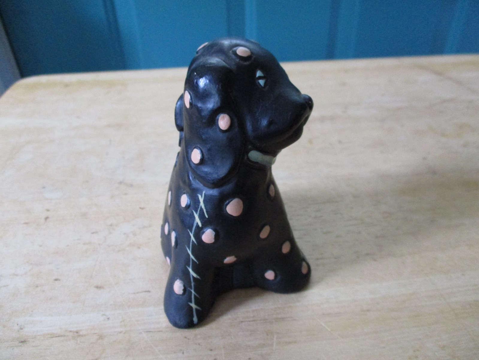 Vintage Chalkware or Plaster Polka-Dotted Black Dog Figure