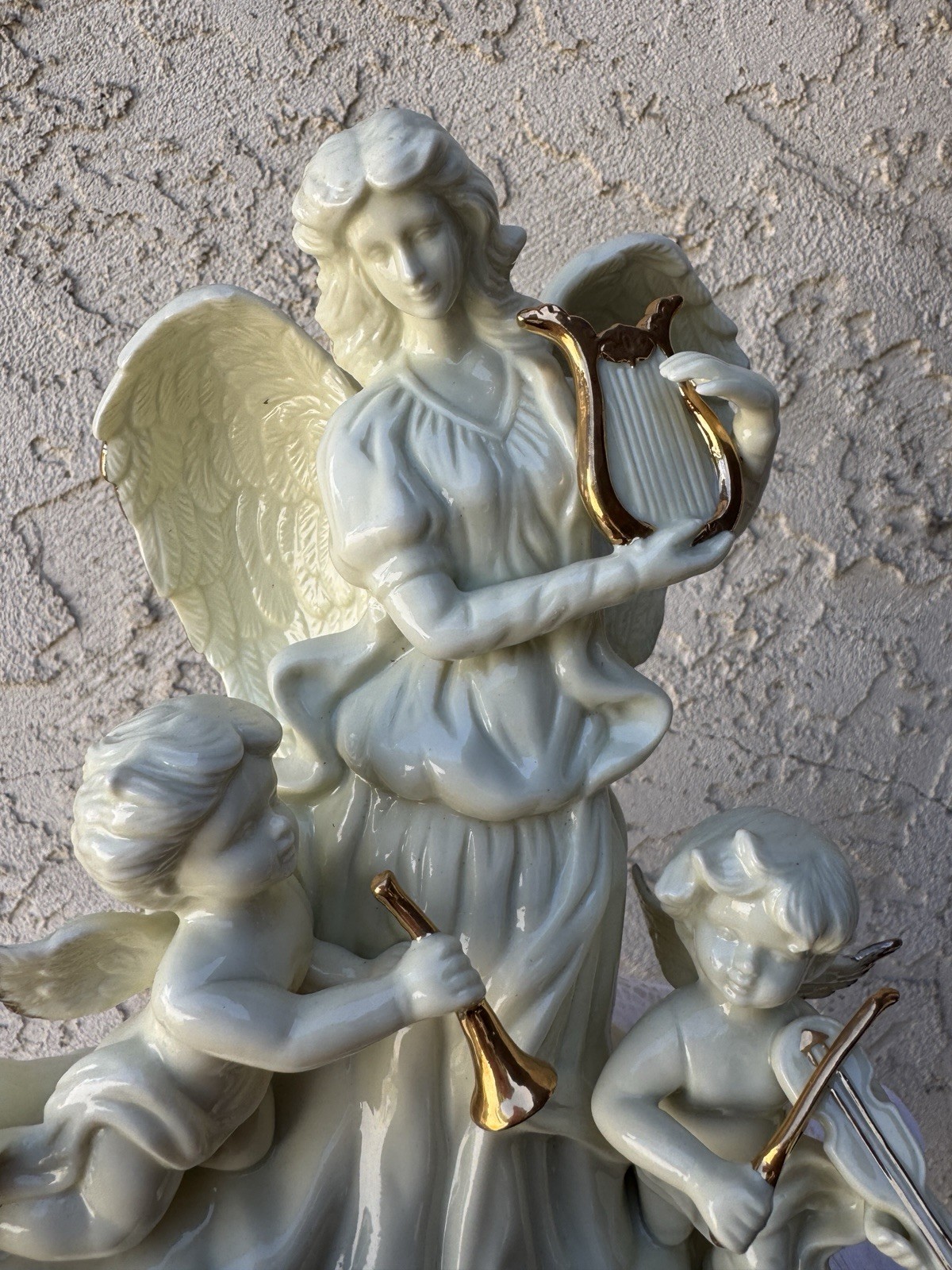 White Gold Porcelain Angel Figurine w/ Cherubs Playing Music Hand Painted