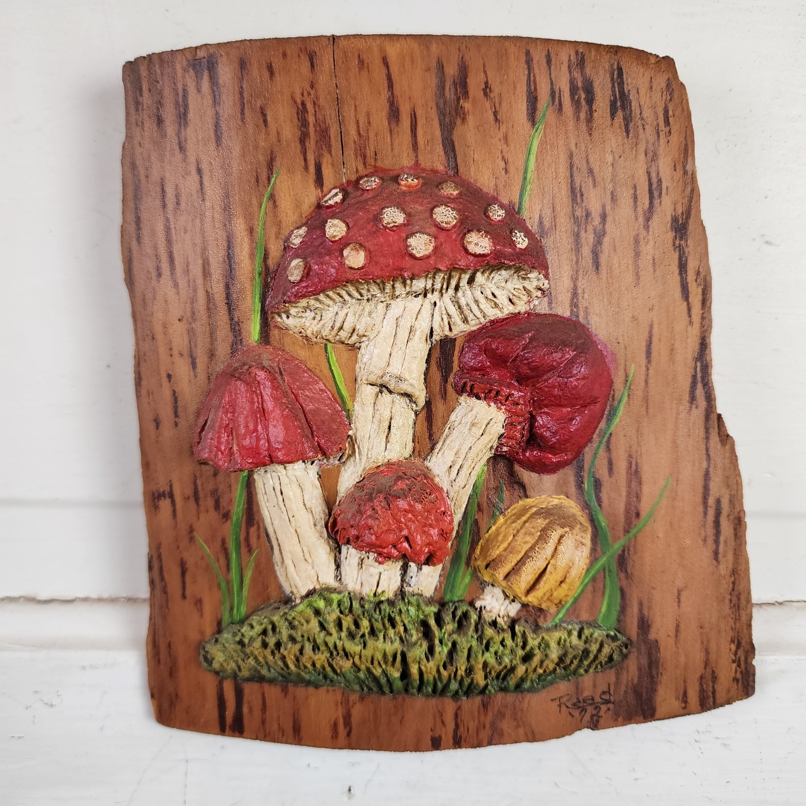 Vtg 70s Kitsch Hand Sculpted Mushrooms on Real Wood Wall Art 6.5″ Clay Signed