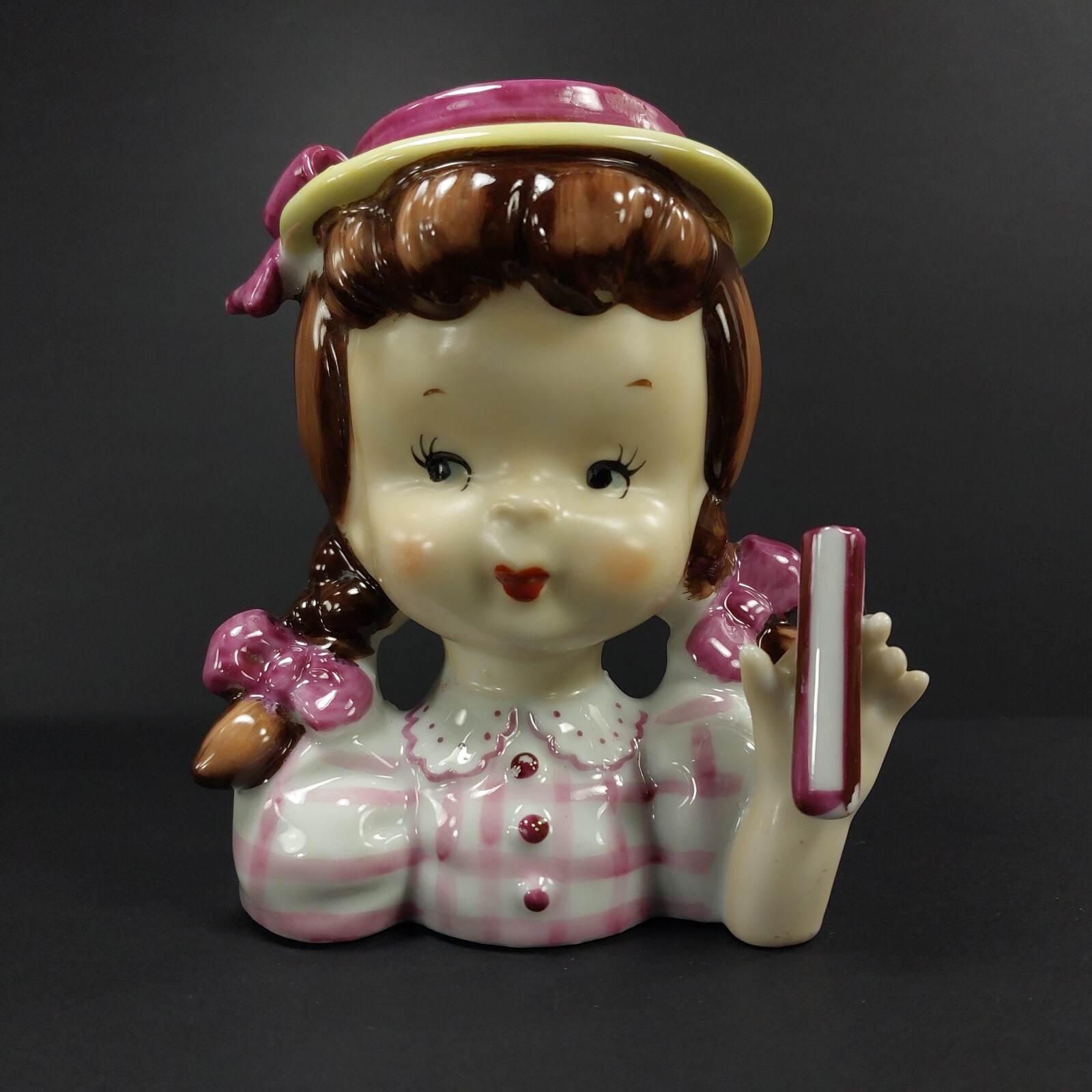 Napco Head Vase Planter Pink Plaid Pigtailed Porcelain Unbrella Lady Japan