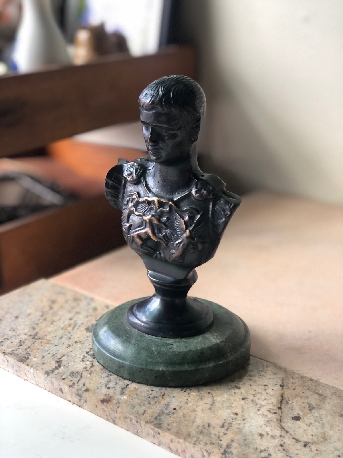 7″ Vintage Elegant Metal Bust of Augustus Caesar on Green Marble Base