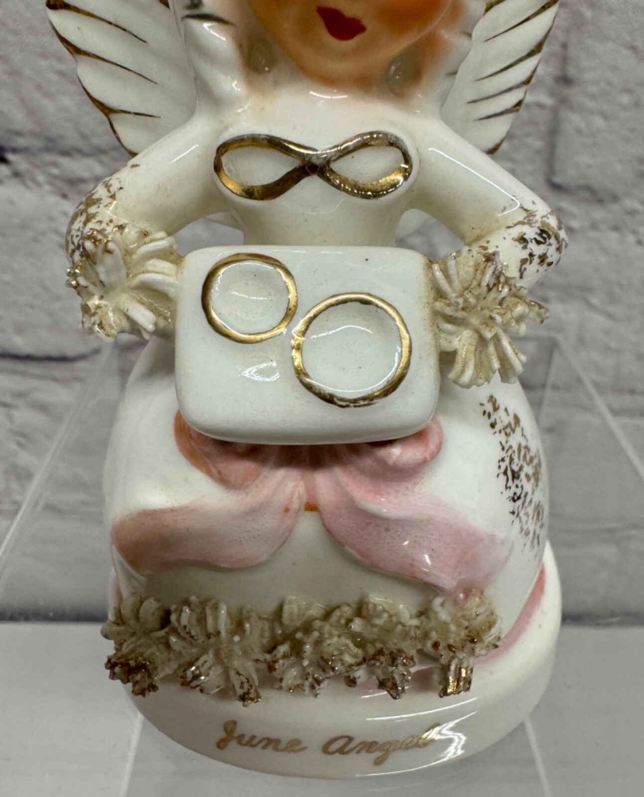 Napco June Birthday Angel Spaghetti Trim Figurine #A1366 Wedding Rings Eternity