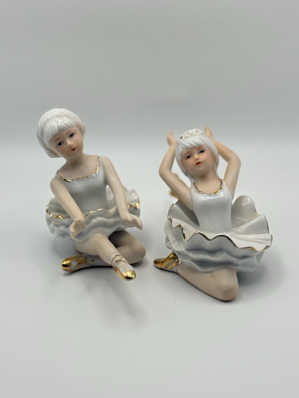 2 Vintage Ballerina Girls Porcelain Figurines Gold Detail Chic Cottage Trinket