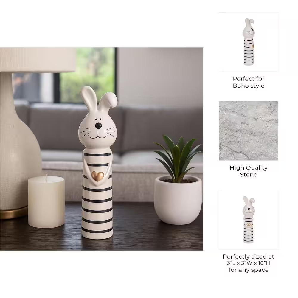Black and White 3 In. X 10 In. Ceramic Striped Bunny with Gold Heart Figurine