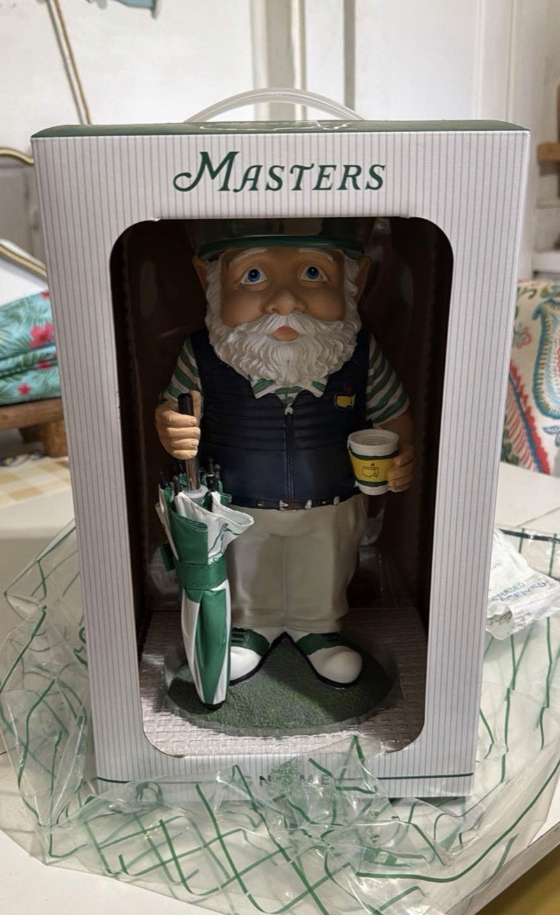 Masters Golfer Gnome Figurine w/ Umbrella, Painted Resin, Boxed
