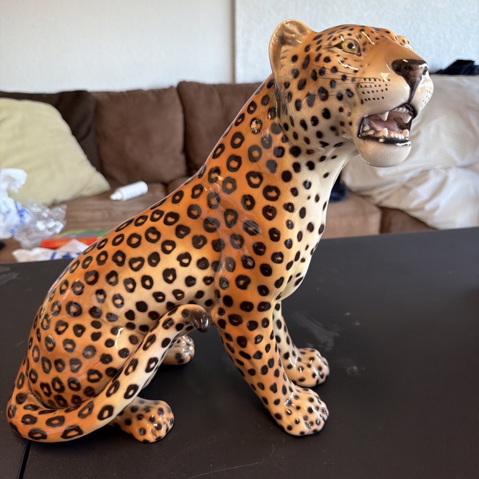 VINTAGE CIRCA 1960s ITALIAN CERAMIC LEOPARD SCULPTURE STATUE 14″ TALL