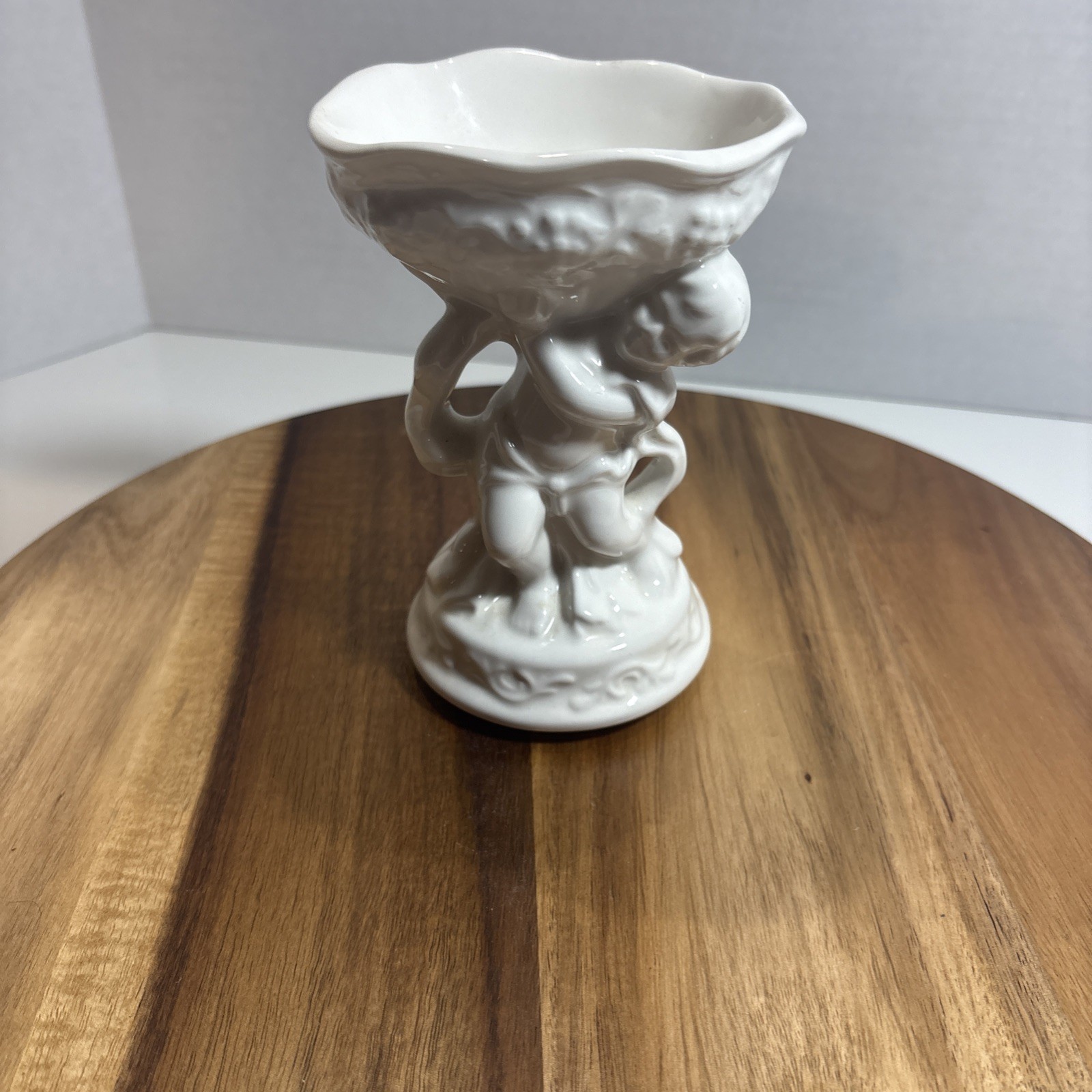 Vintage White Cherub Boy Pedestal Bowl Dish Made in England