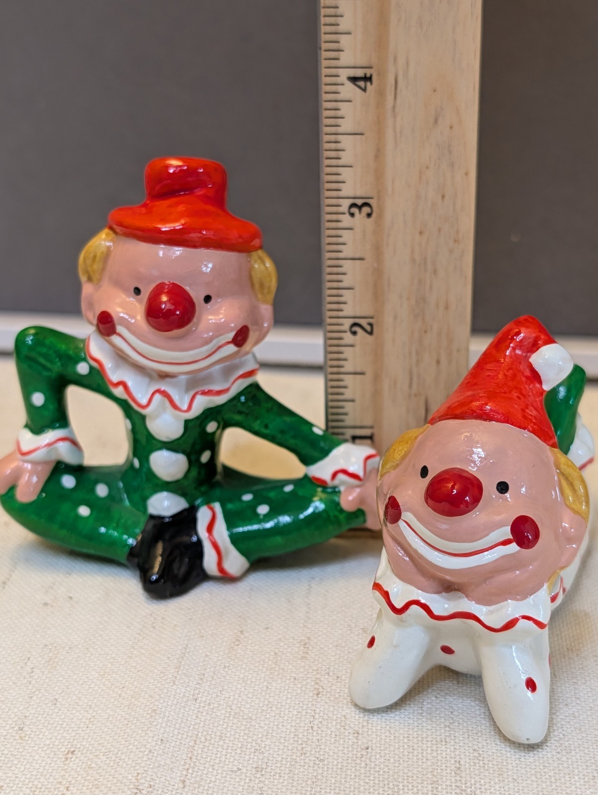 Pair Happy Clown Ceramic Figurines Enesco Circus Vintage 1970-80s