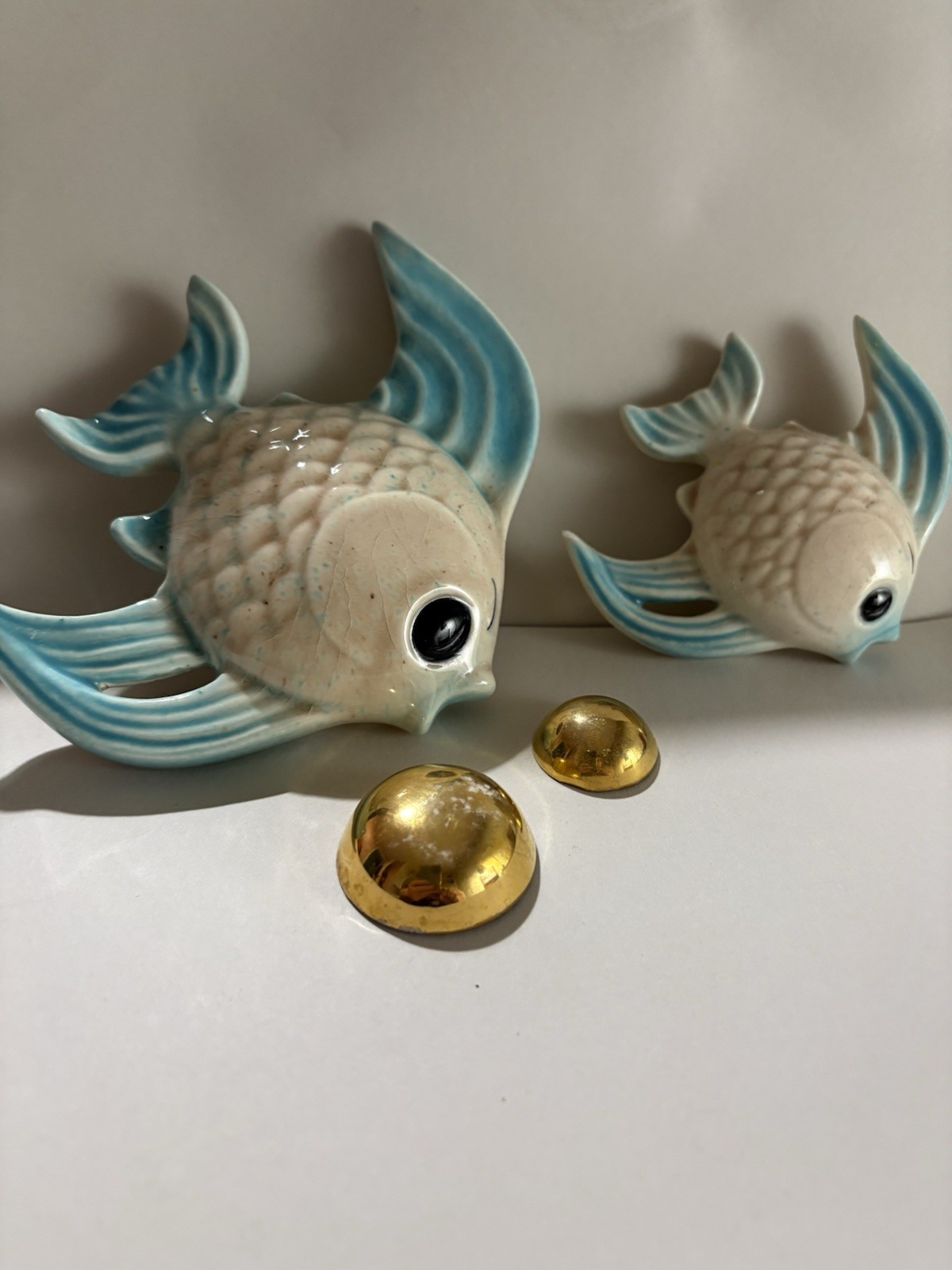Vintage Ceramic Blue & White Fish Wall Figurines Set of 2, Glazed Nautical