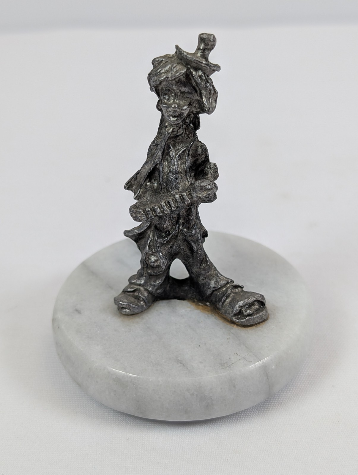 Vintage Pewter Clown Jester Figurine Playing Accordion on Marble Base