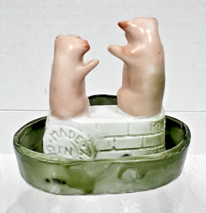 Antique German Pink Pigs Fairing Green Bucket White Wall Dish Toothpick Holder