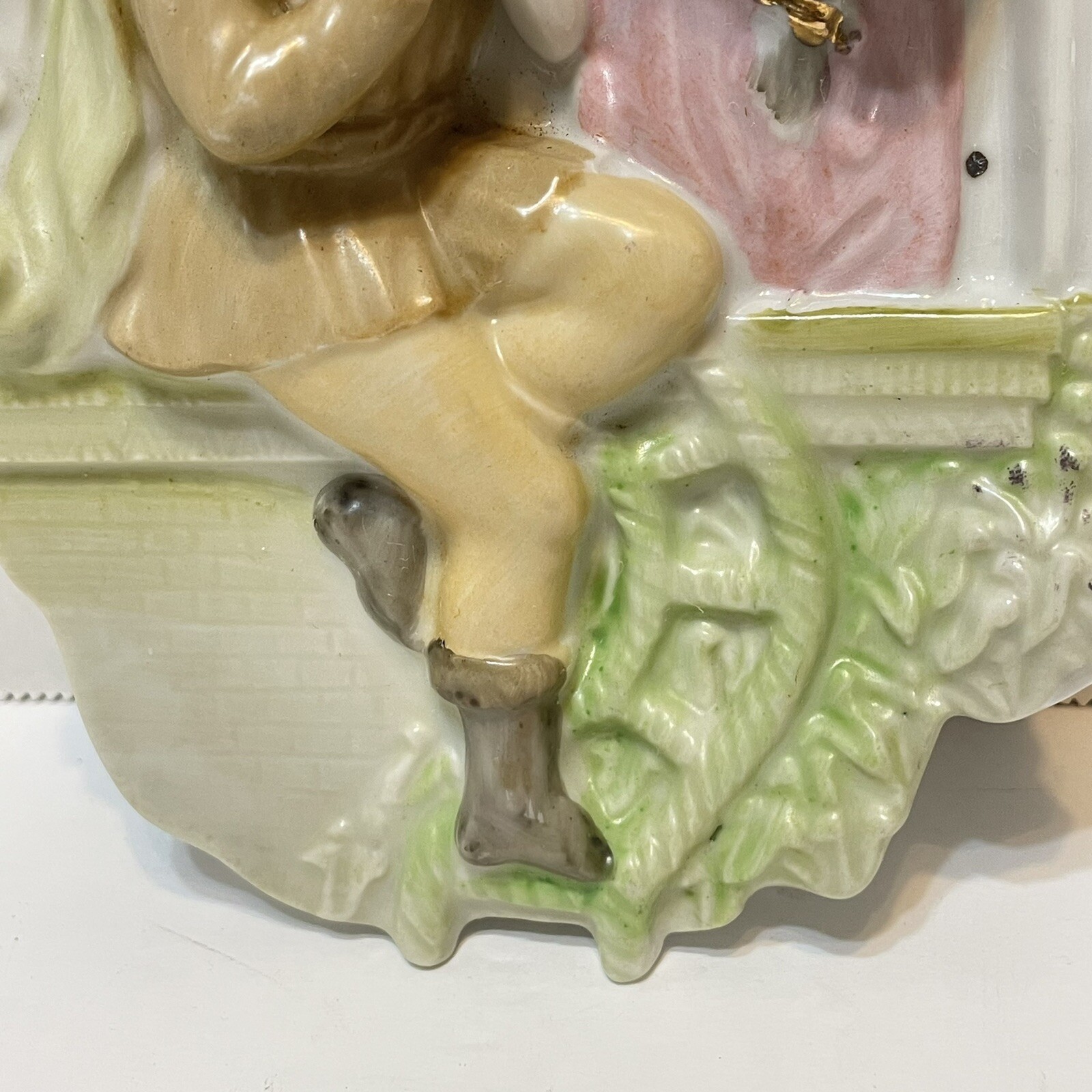 Vintage Porcelain 3D Wall Plaque Hand Painted Man and Woman 6.75 x 4.75″ Japan