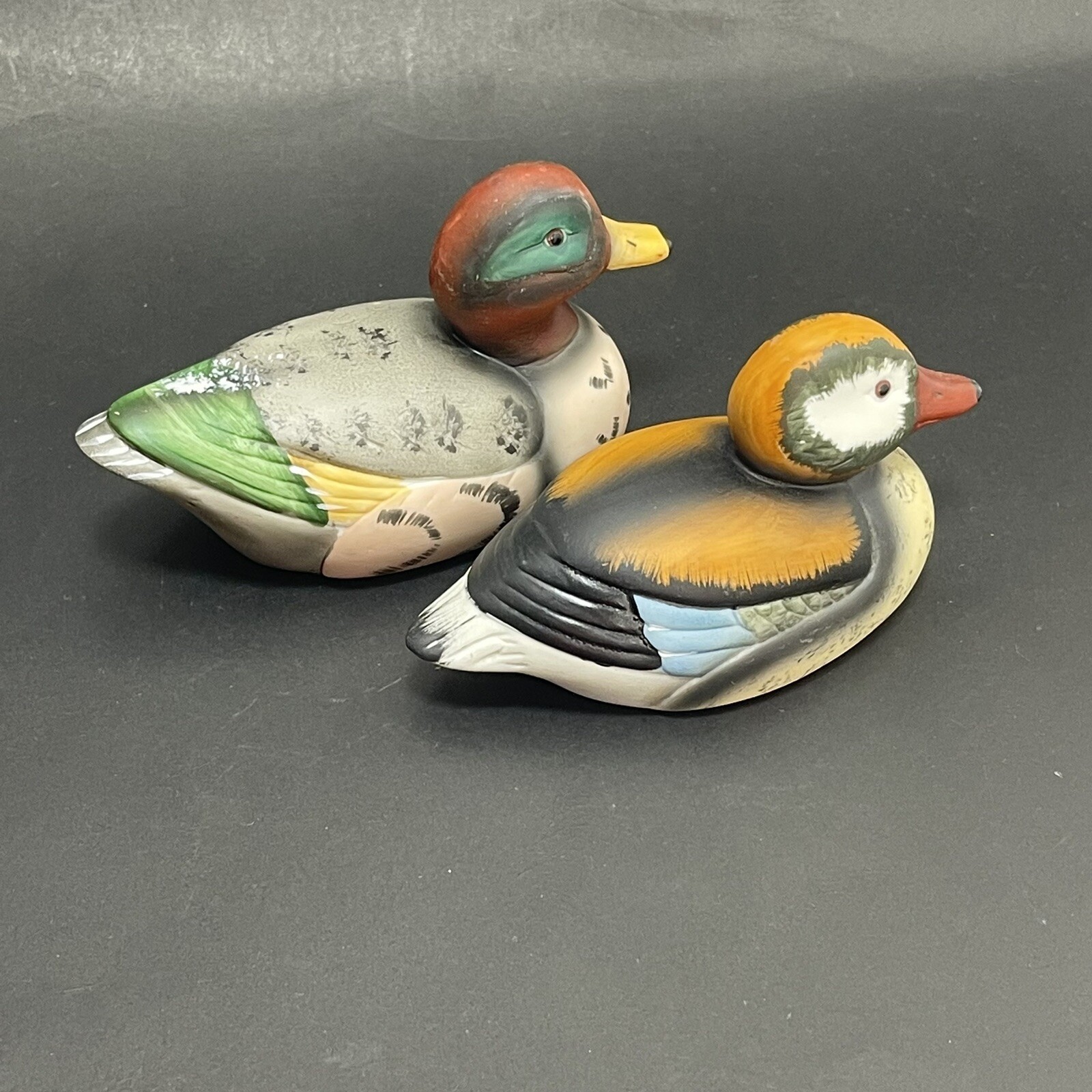 Pair Vintage Enesco Porcelain Decoy Ducks Mallard 1984 1985 Set Of 2