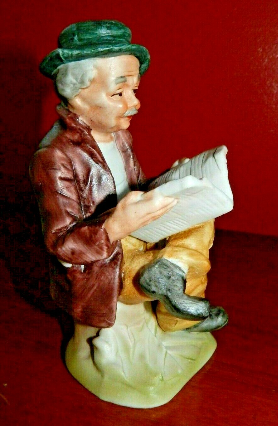 Vintage Figurine, Porcelain Bisque, OLD MAN WITH BOOK 5-1/2 Inches Tall EUC