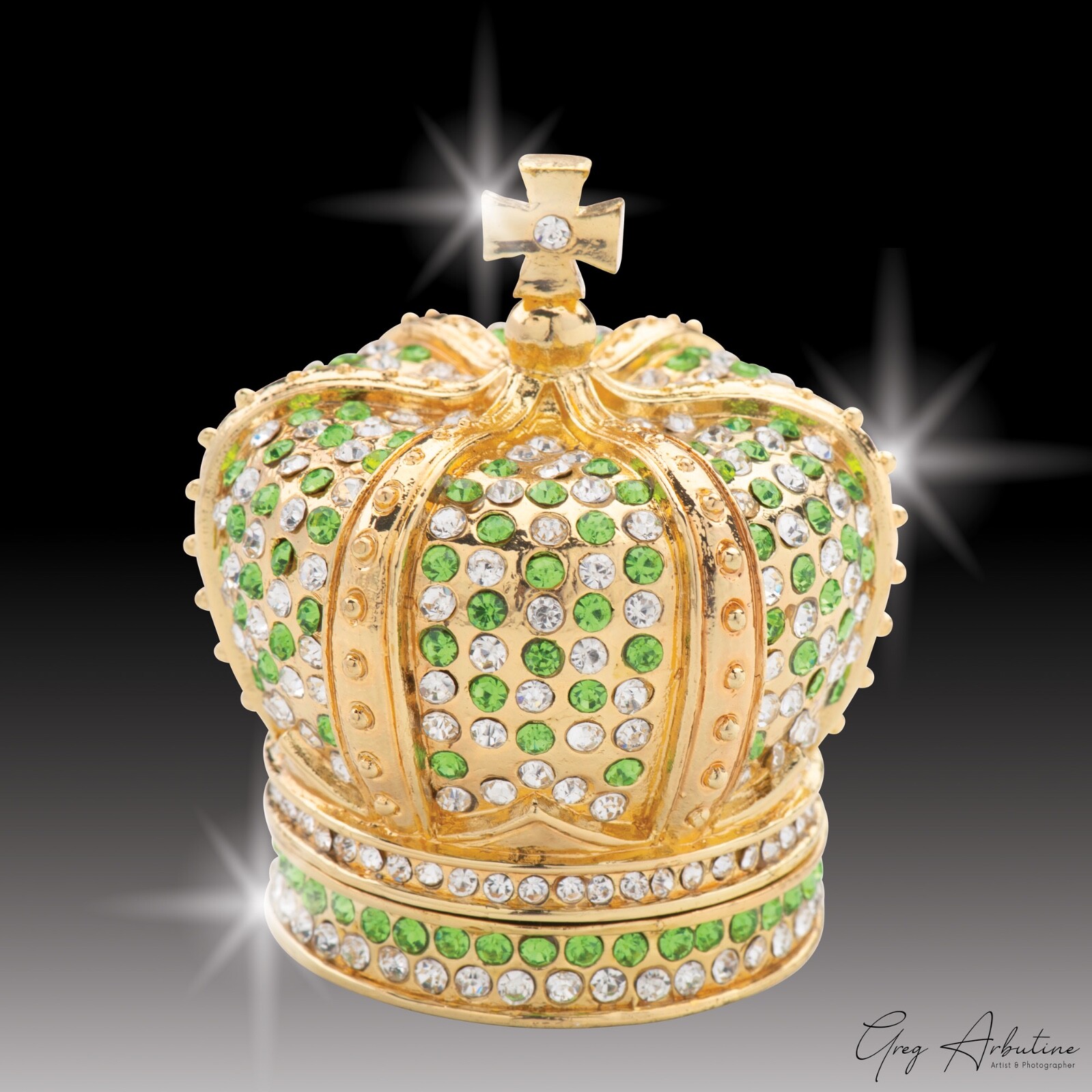 Artist Greg Arbutine Metal Gold Enameled Crown Box with Green and White Crystals