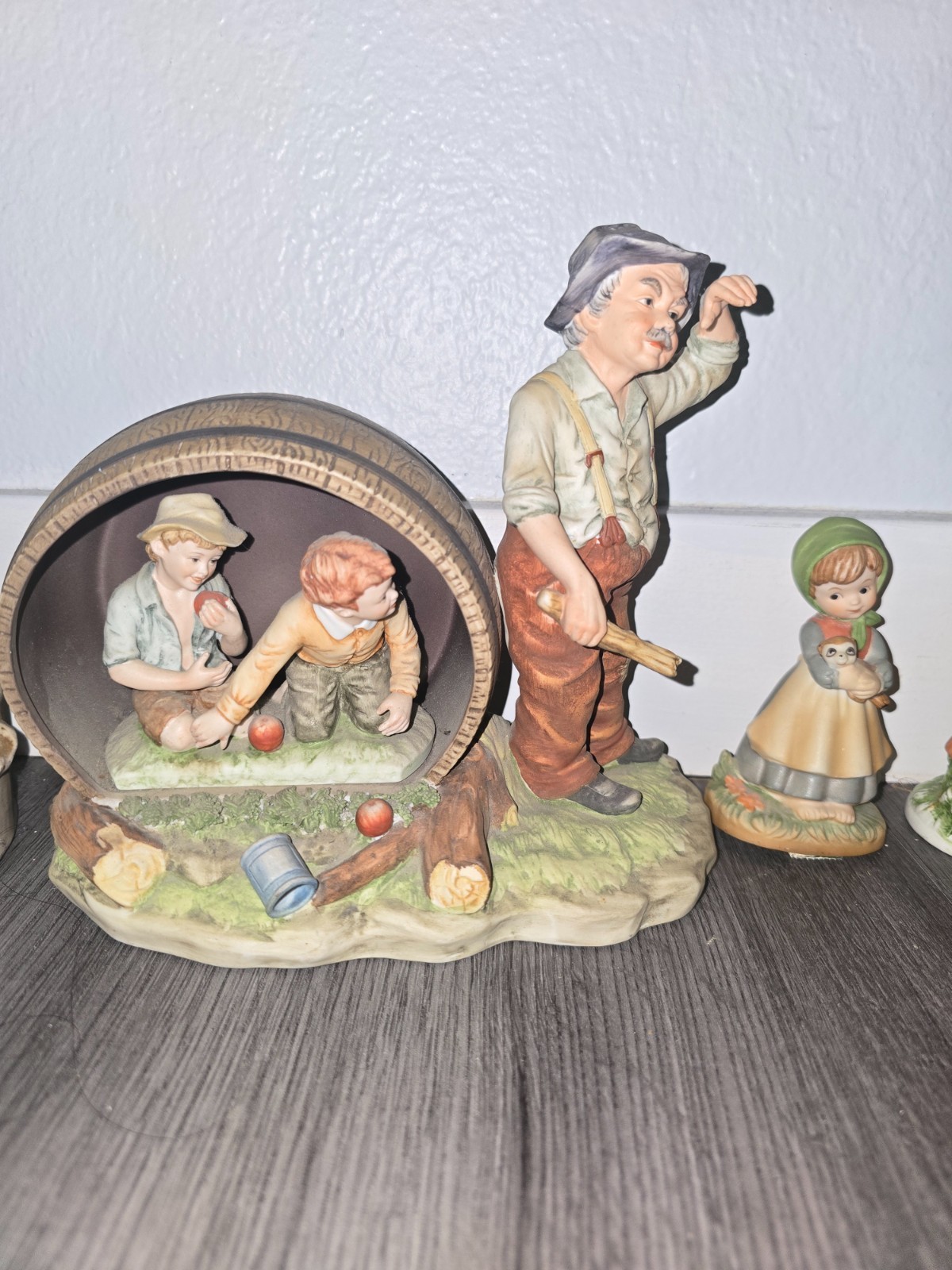 Vintage Lefton Japan Bisque Porcelain Figurine Boys Hiding Barrel Old Man Apples