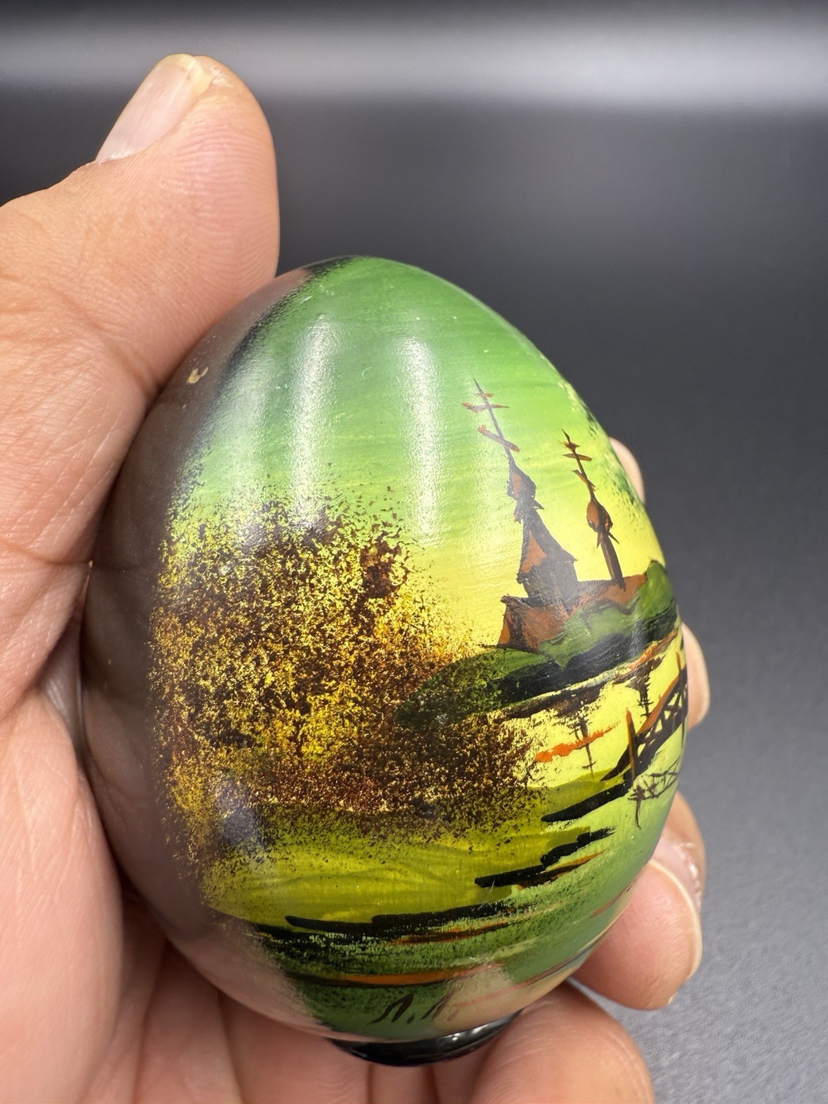 🟢 Vintage Russian Hand-Painted Wooden Egg – Signed Landscape Church Scene