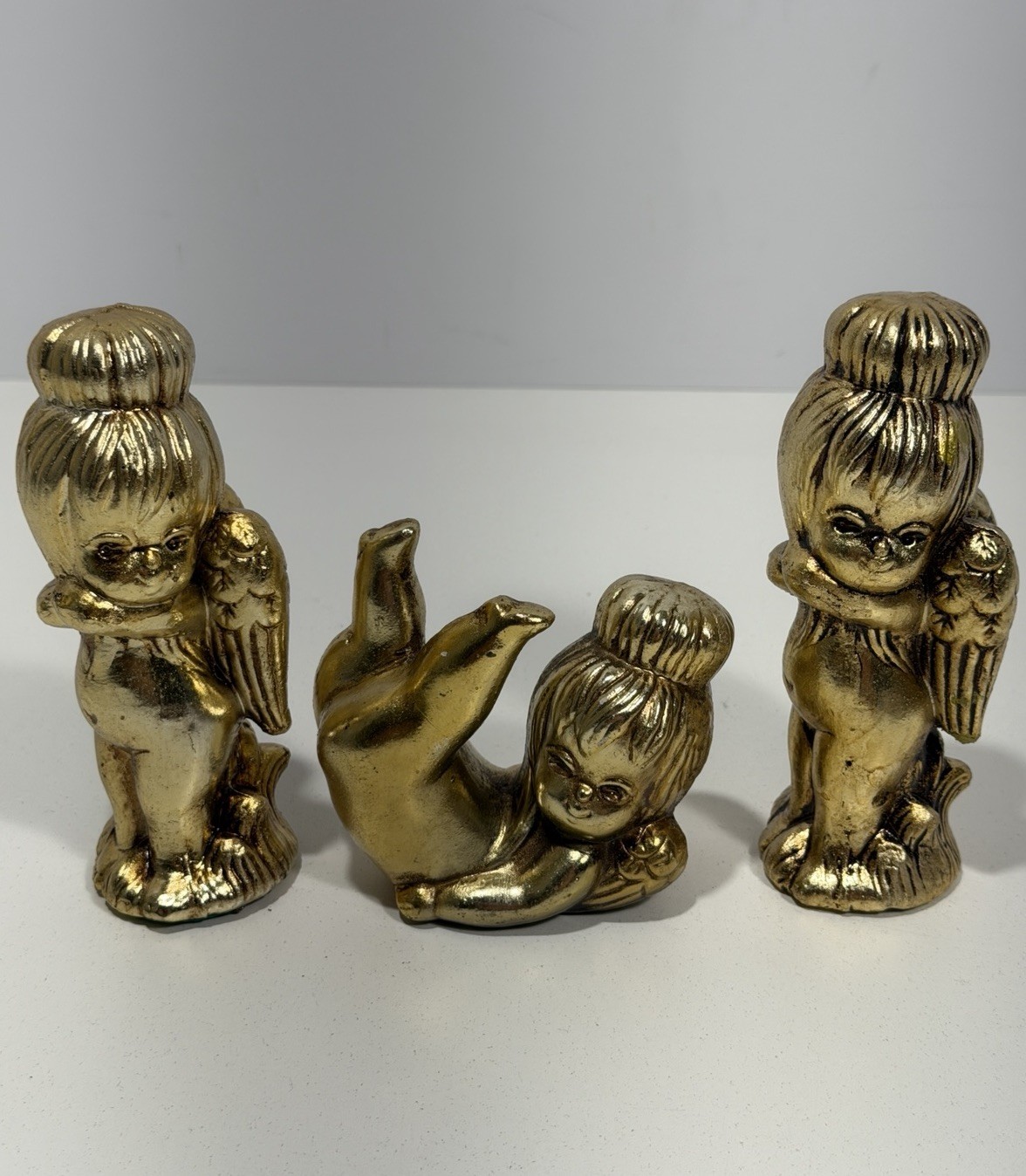 Flower Child Angels 70s Kitschy Figurines Gold Cherub Green Eyes MCM Japan 3 Set