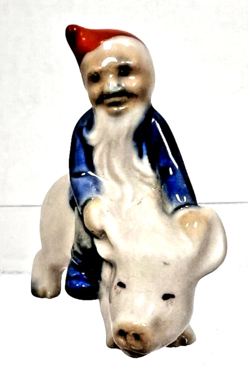 Vintage Miniature Wade Gnome Pixie Elf Red Hat Riding Pig Porcelain Figurine