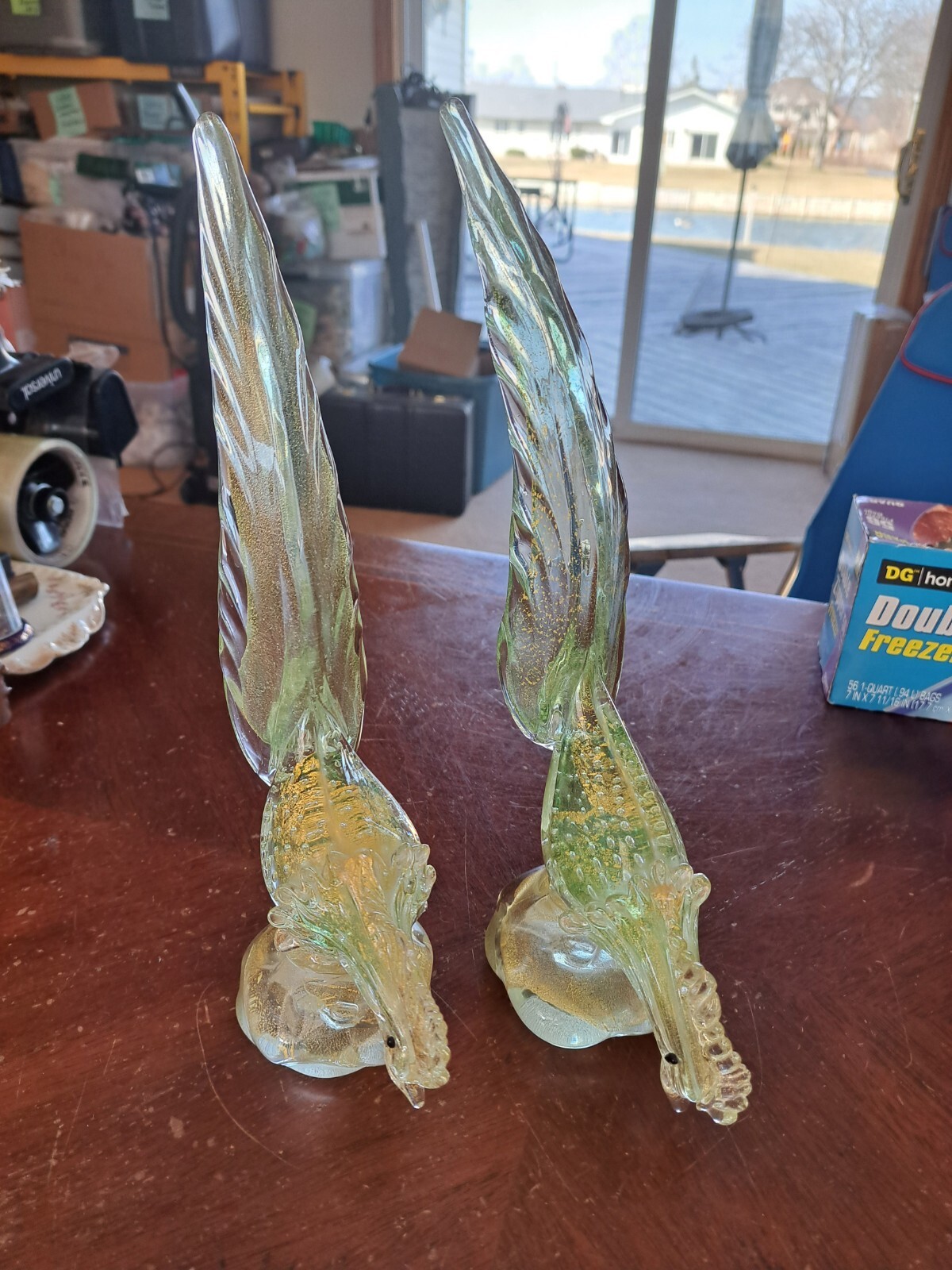 Murano Venetian Mid Century Rare Pair of Gold Flakes Pheasant Tailed Roosters