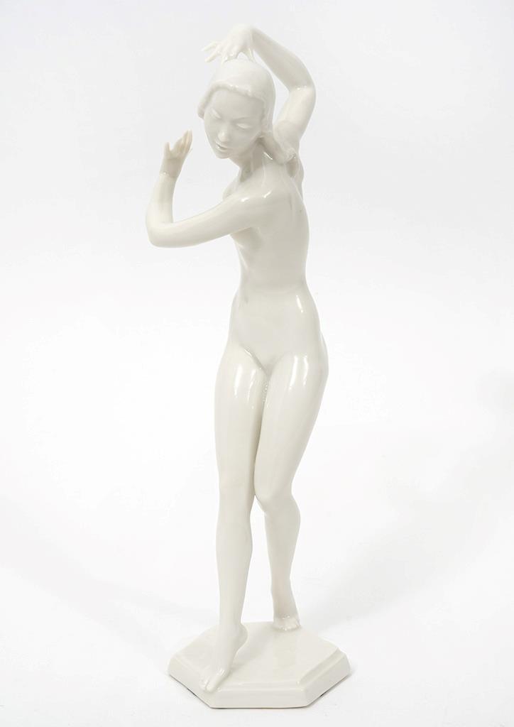 Hutschenreuther Carl Werner Dancing Nude Woman White Porcelain Figurine, 8 5/8″