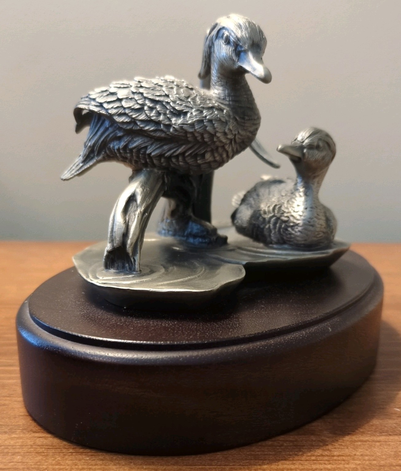 Vintage 1976 Fine Pewter Duck Sculpture by Lance Burgues Solid Wood Base 7x 5.5