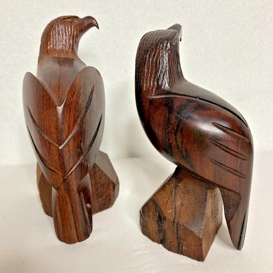 2 VTG Eagle Hawk Falcon Hand Carved Ironwood Pedestal Sculpture 5” & 5.5” Pair