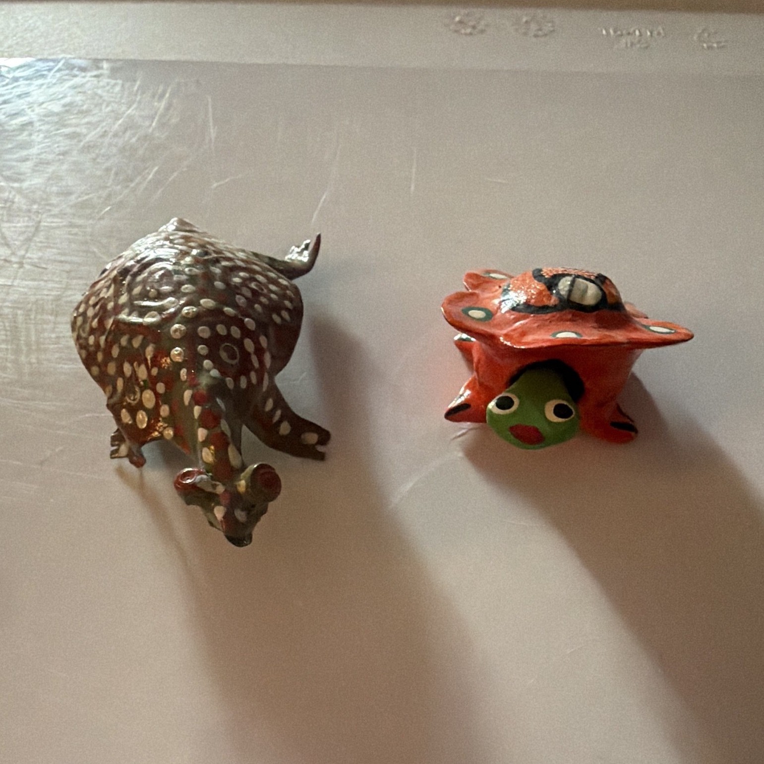 2 Metal Turtle Figurines, Painted Polka Dot, Brown/White/Red/Green, Zimbabwe