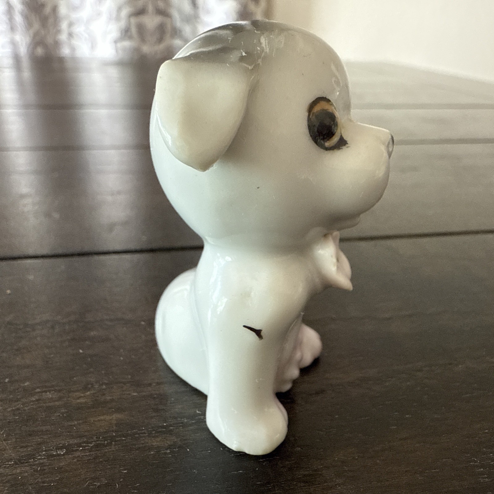 Vintage Porcelain Dog Figurine Puppy Large Eyes Flower 2” Japan Anthropomorphic