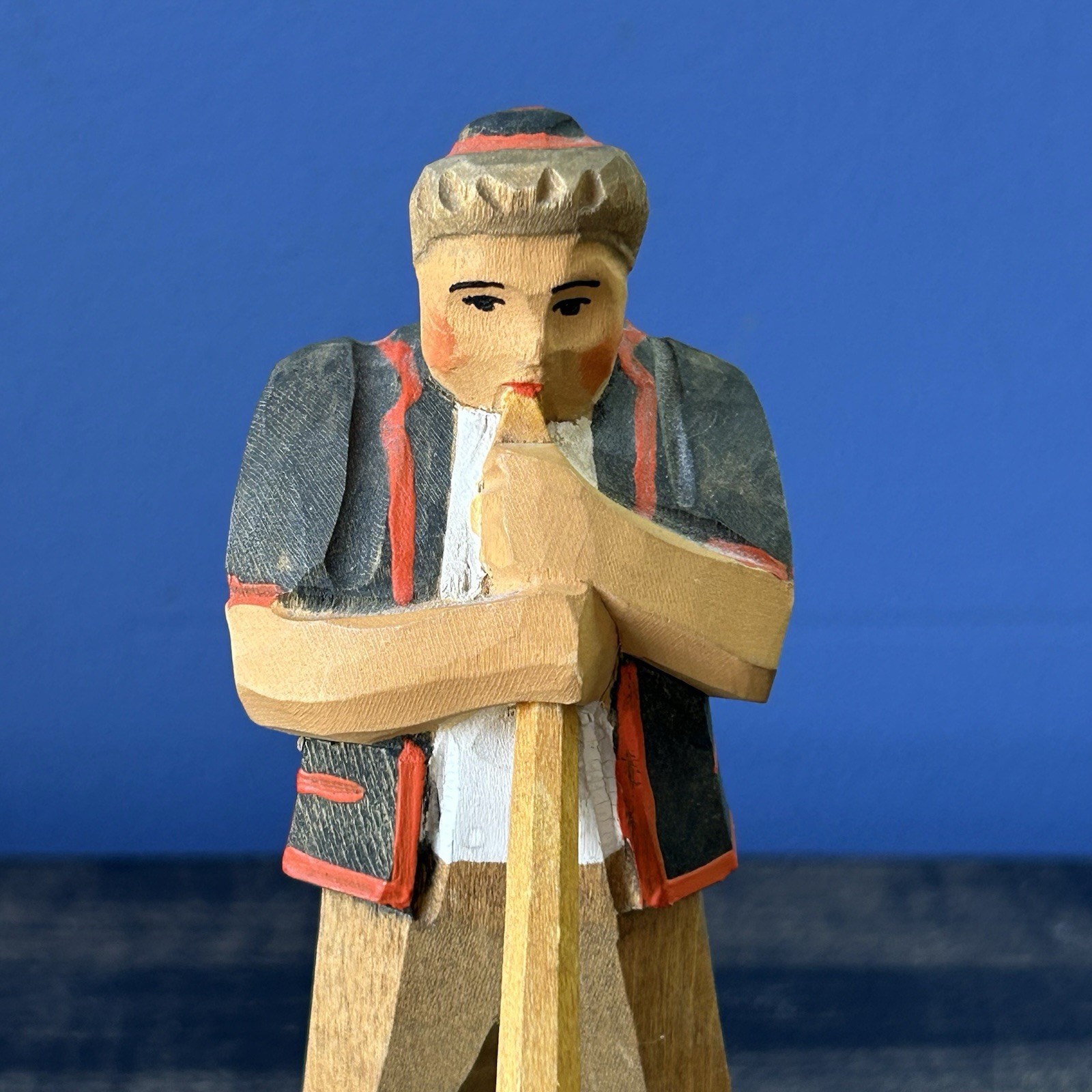 Vintage Hand Carved Wood Swiss Man Figurine Alphorn Player Switzerland Folk Art