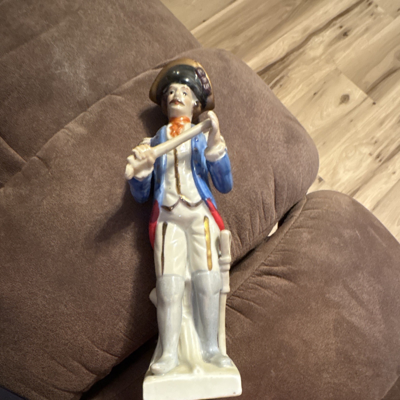 Military Soldier Figurine Ceramic Glossy Blue Red White Tricorn Hat
