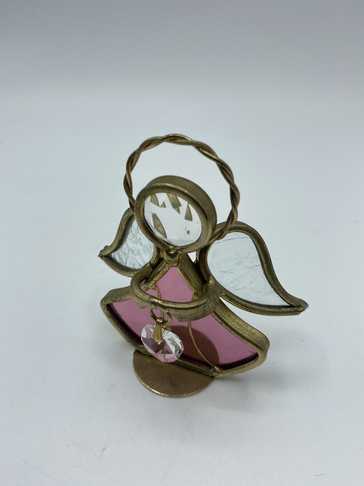 Vtg Stained Pink Clear Glass Metal Angel Figurine Ornament w/Heart 3 1/8″ Tall