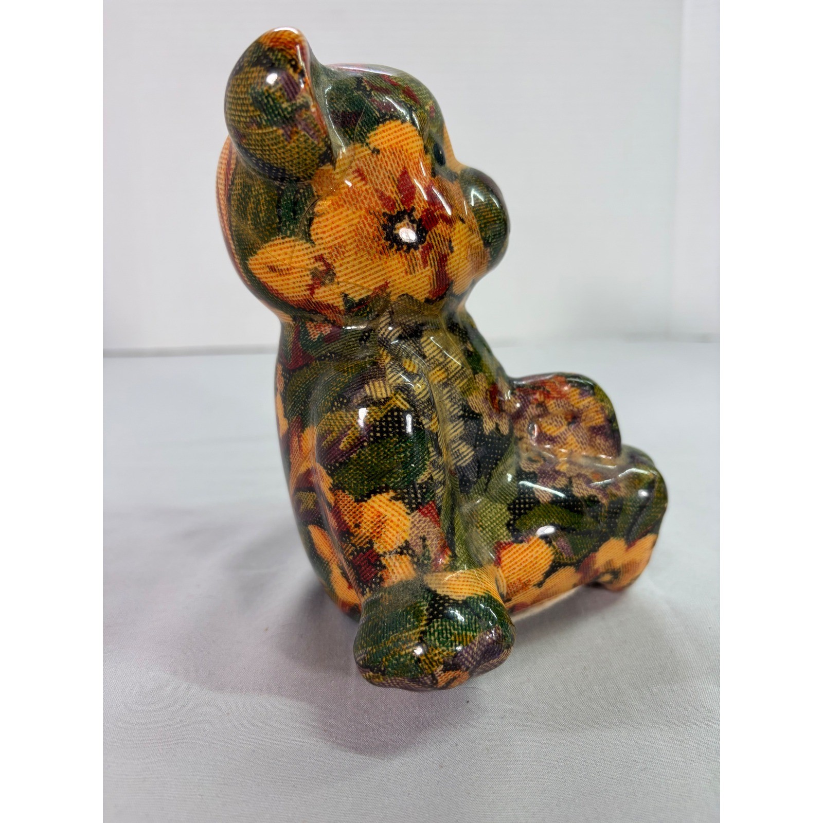 Vintage Joan Baker Floral Patchwork Teddy Bear Tapestry Figurine Cottage Core