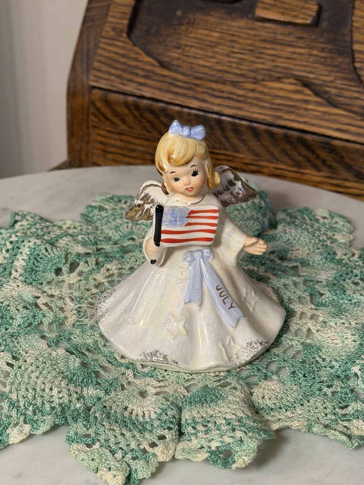 Vintage Norcrest July Birthday Angel Figurine Ceramic American Flag Patriotic