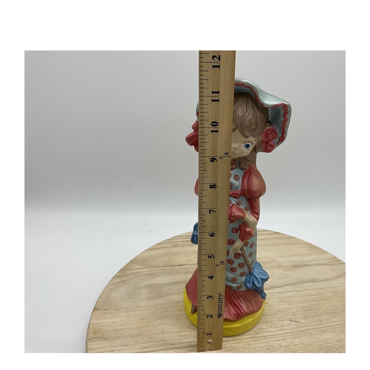 Vintage Unmarked Chalk Girl Figurine Bonnet Polka Dot Dress Medium Multicolor