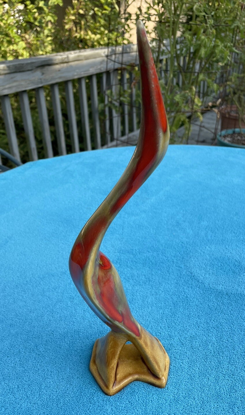 Vtg MCM Ceramic Bird Figurine Crane Swan Heron 13” Drip Glaze Orange Gold USA